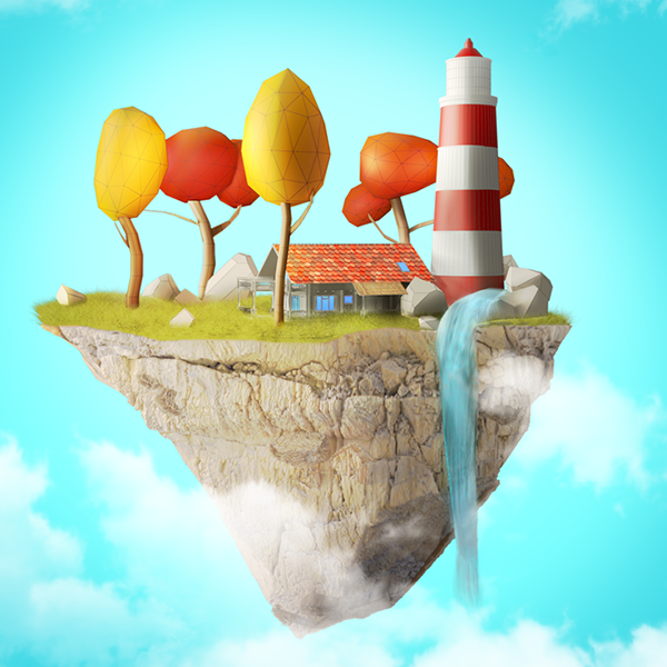 Isola volante fantasy, render 3D
